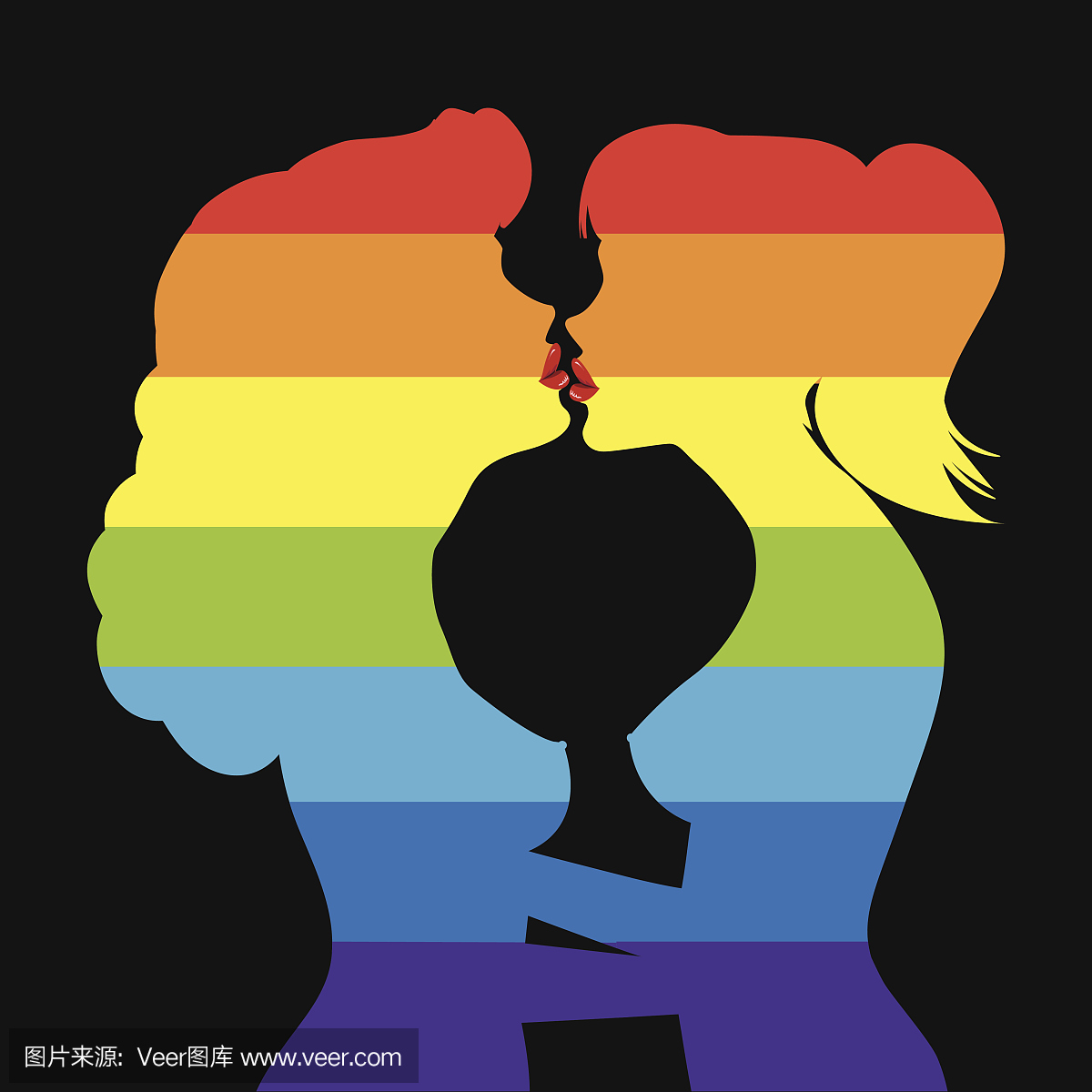 女同性恋者亲吻两个女人亲吻的彩虹轮廓。