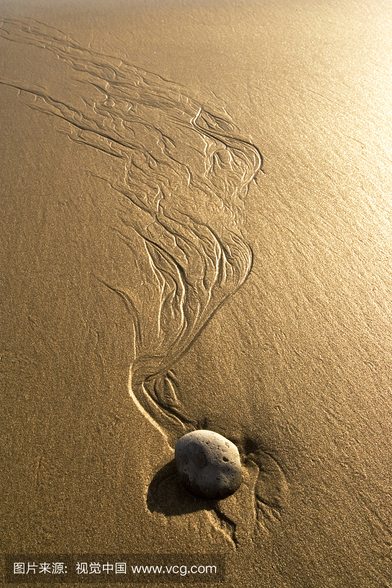 查看在一块石头和水的痕迹在湿沙,蓬塔Conejo