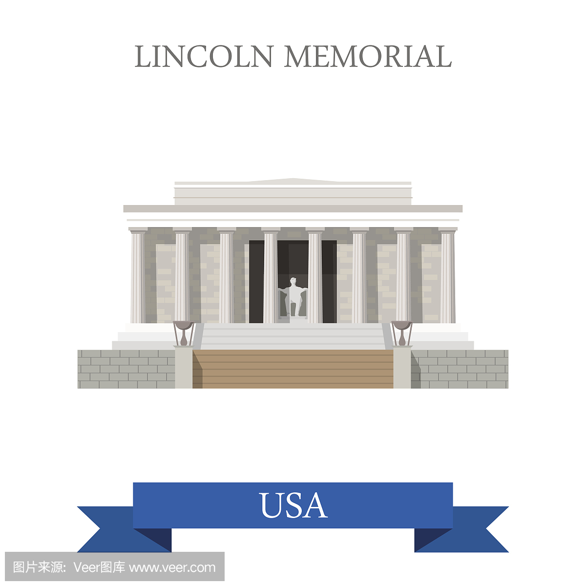 林肯纪念馆在华盛顿美国。平面卡通风格历史景