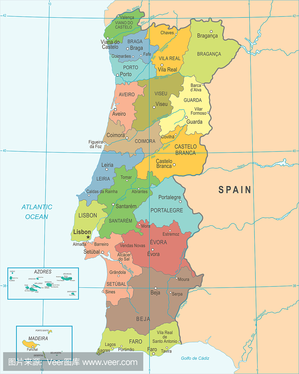 葡萄牙地图 - 详细的矢量图