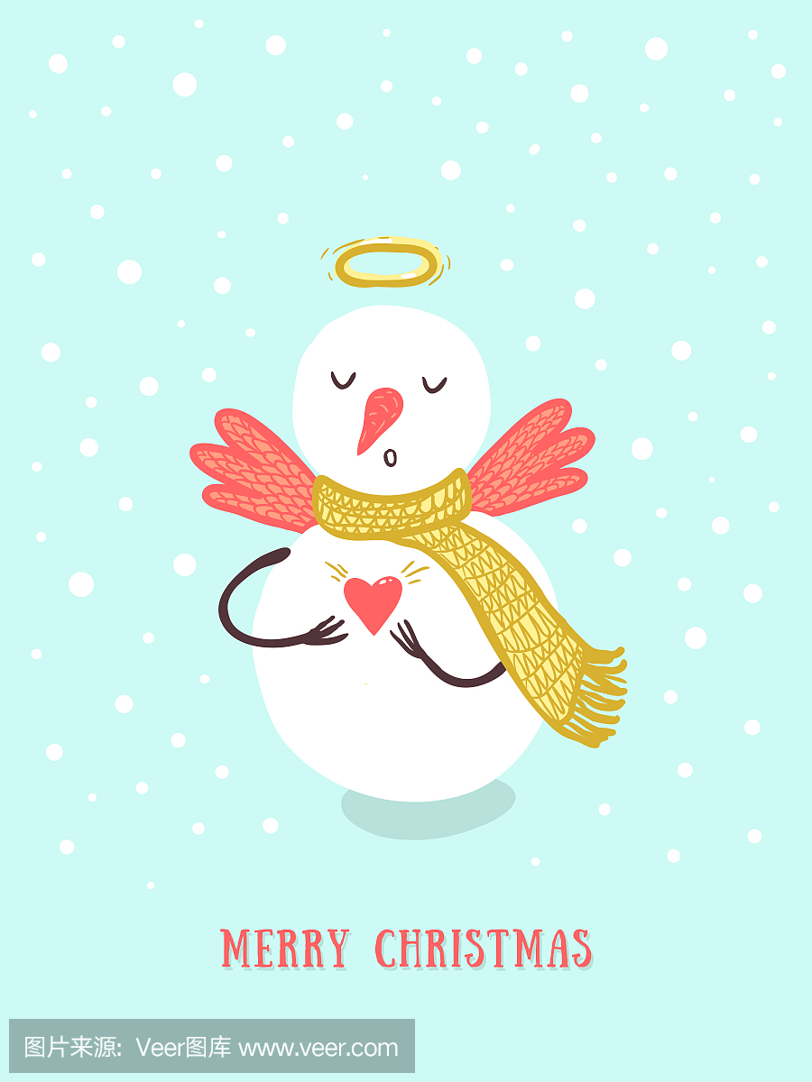 圣诞贺卡设计与假日搞笑雪人,圣诞树,雪花,鸟类