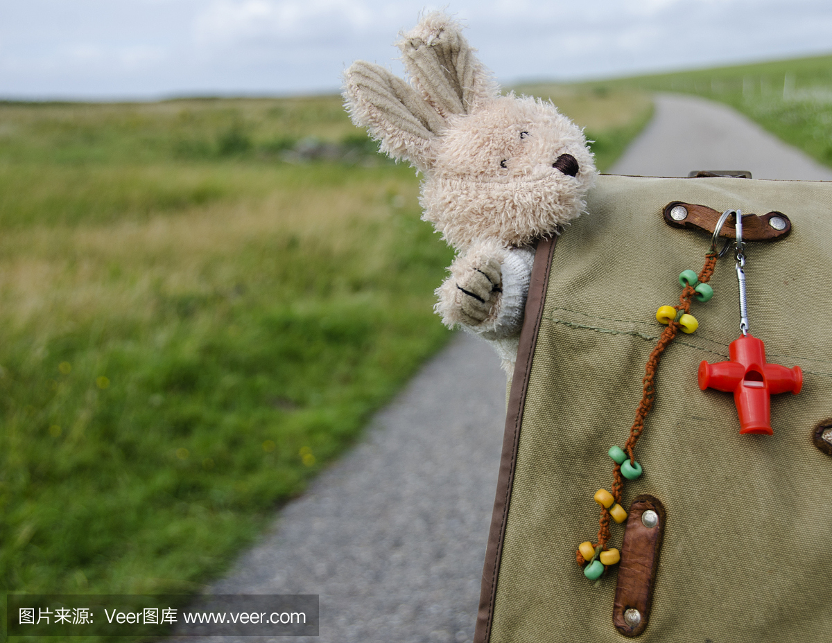 Refugee child,backpack and teddy bear on the
