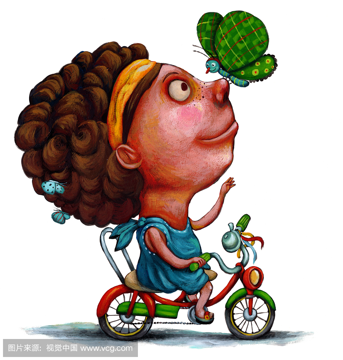 快乐的女孩与骑自行车的蝴蝶玩的插图