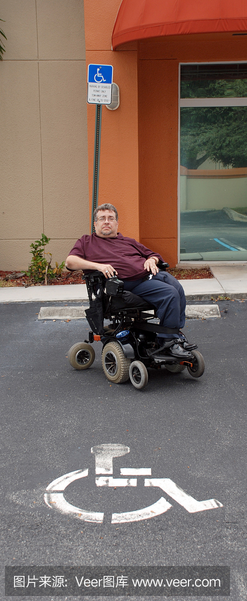 轮椅上的人在残疾人停车位