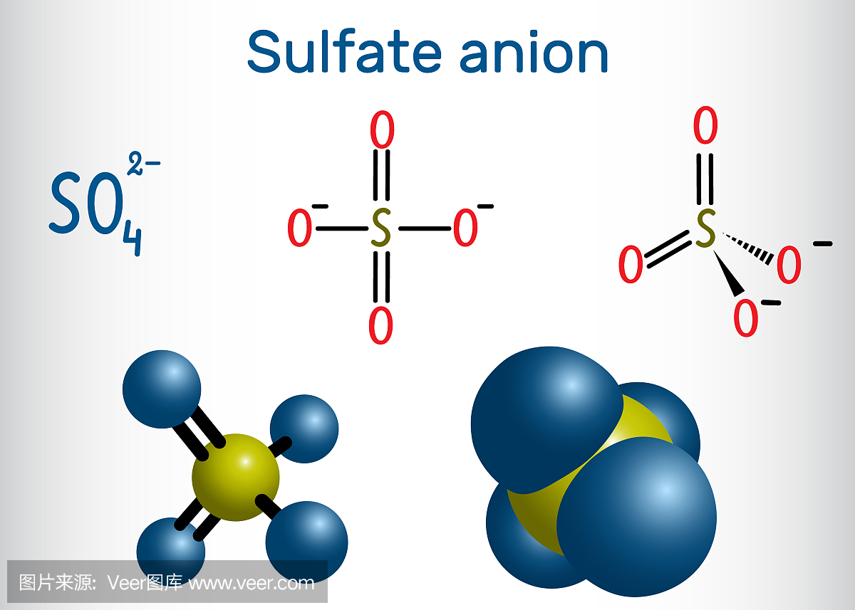 硫酸根阴离子(硫酸根)分子。结构化学式和分子