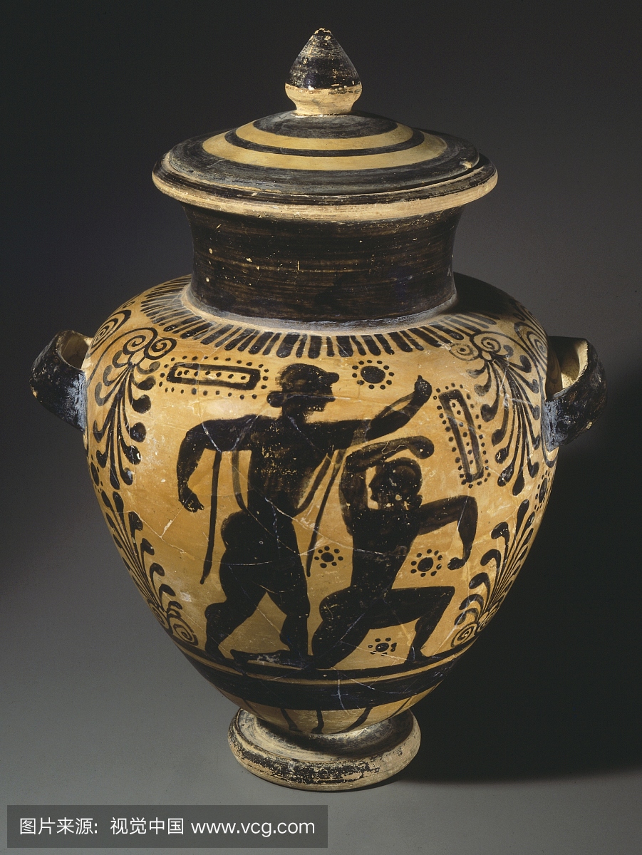 Stamnos(液体储存容器)描述拳击手。黑色人物