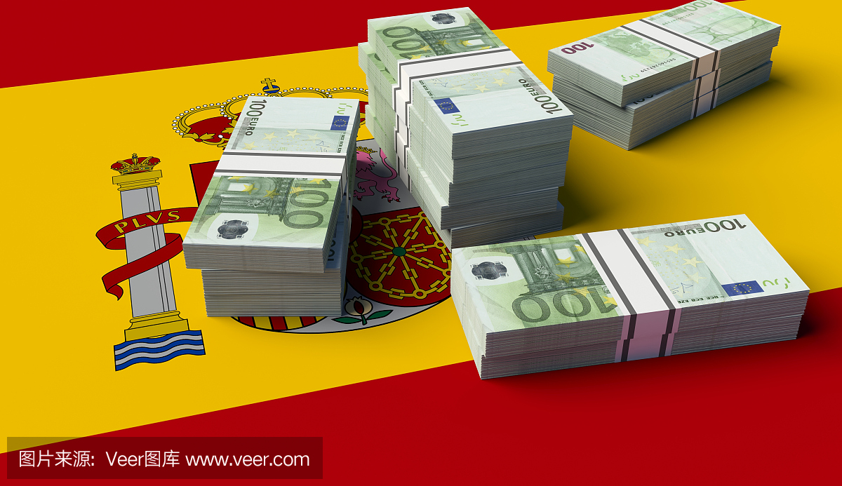 一堆西班牙国旗的钱。 3D图