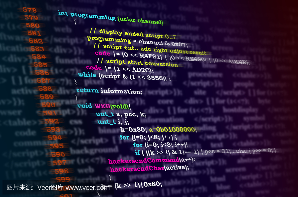 软件开发人员的编程代码抽象屏幕。电脑脚本
