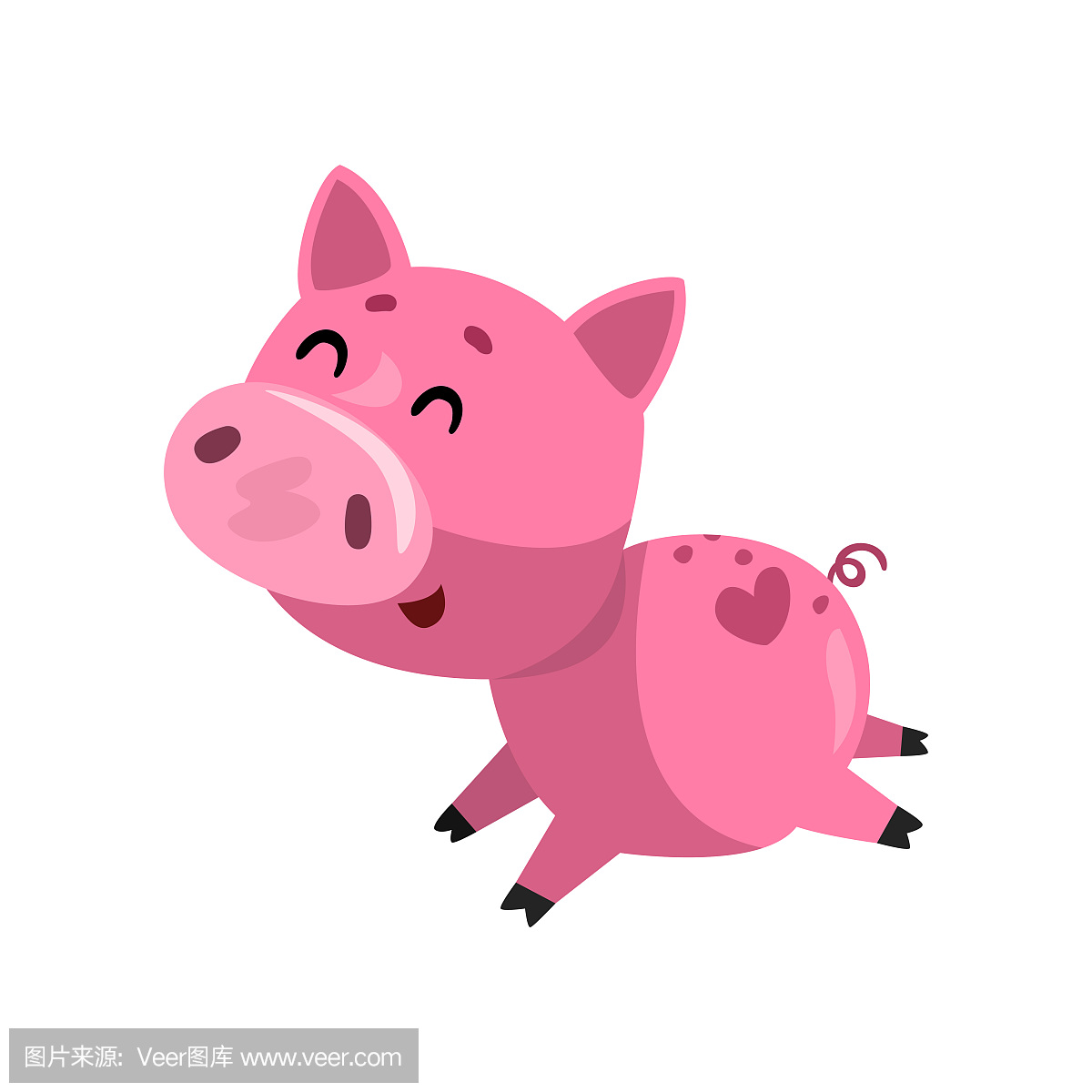 粉红色的滑稽微笑卡通猪运行,可爱的小猪小猪