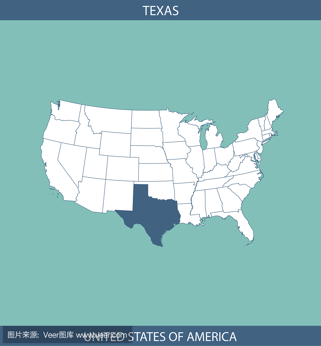 美国地图矢量轮廓图与德克萨斯州在创意蓝色背
