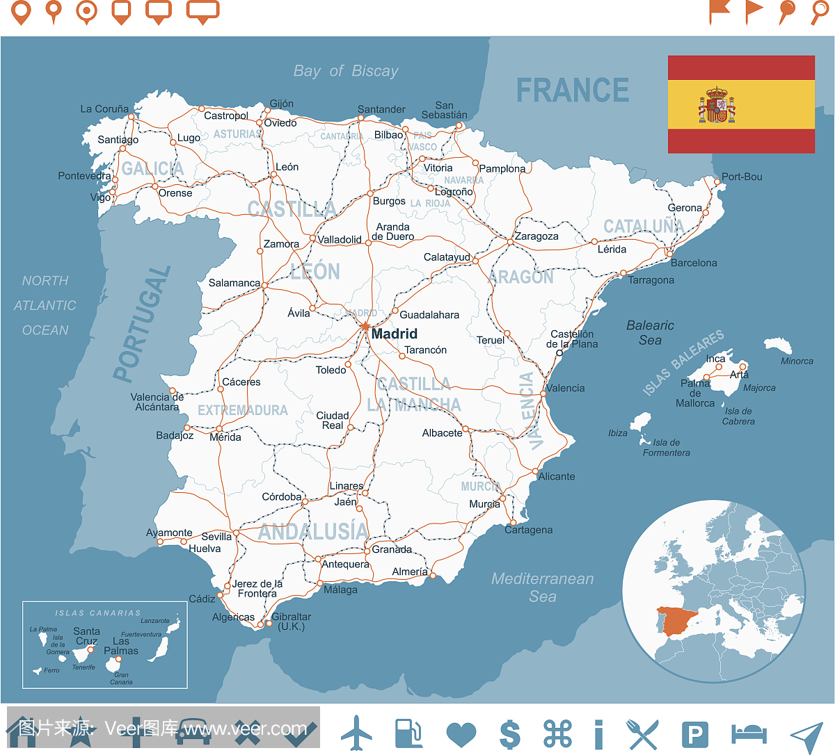西班牙 - 地图,国旗,导航标签,路 - 插图