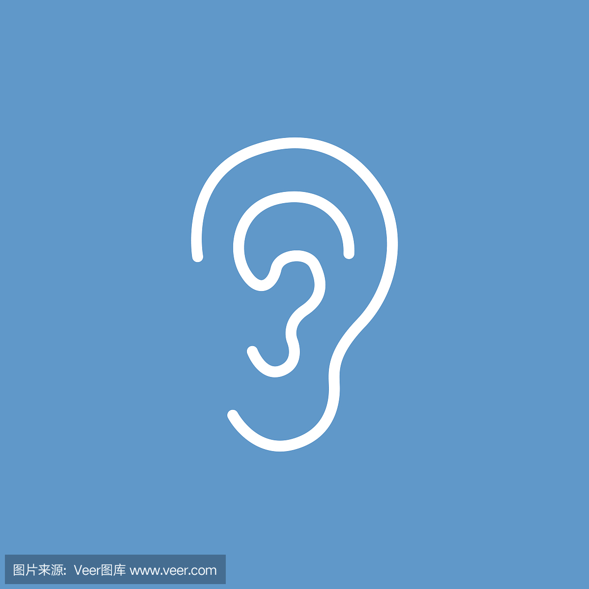 耳朵轮廓图标,孤立的,在蓝色背景上的白色