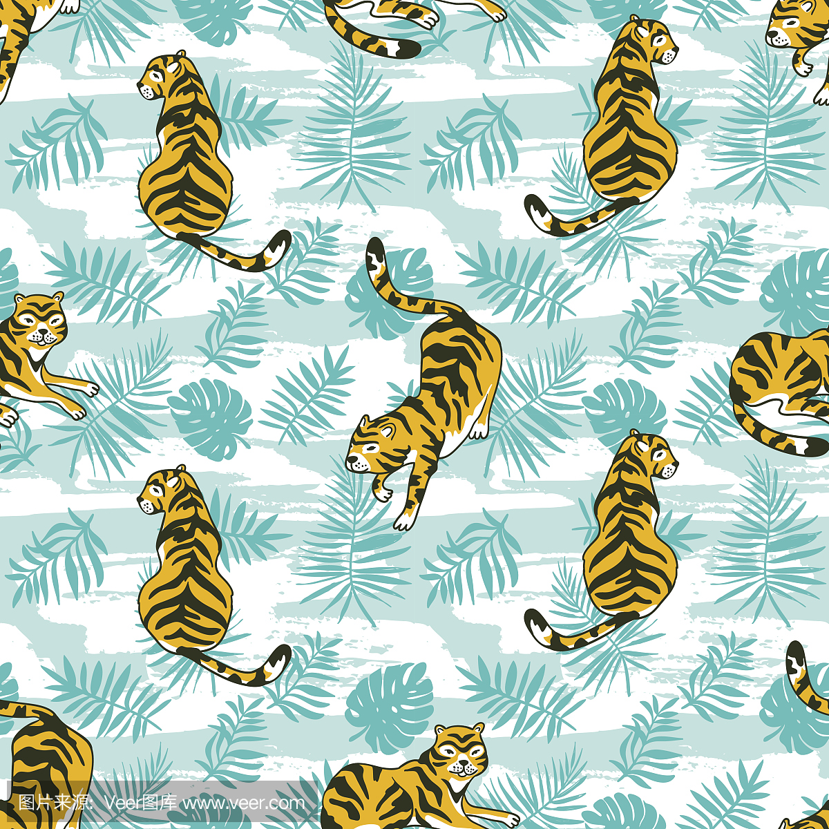 Tropical seamless pattern with tigers and palm