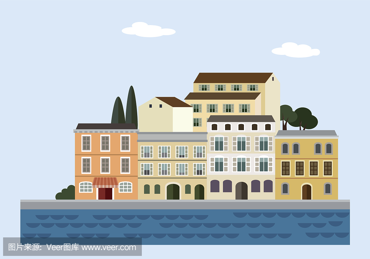 地中海风景。意大利或克罗地亚城镇与五颜六色