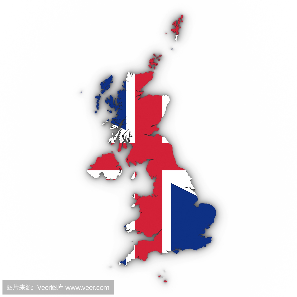 英国地图大纲与英国国旗在白色与阴影3D插图