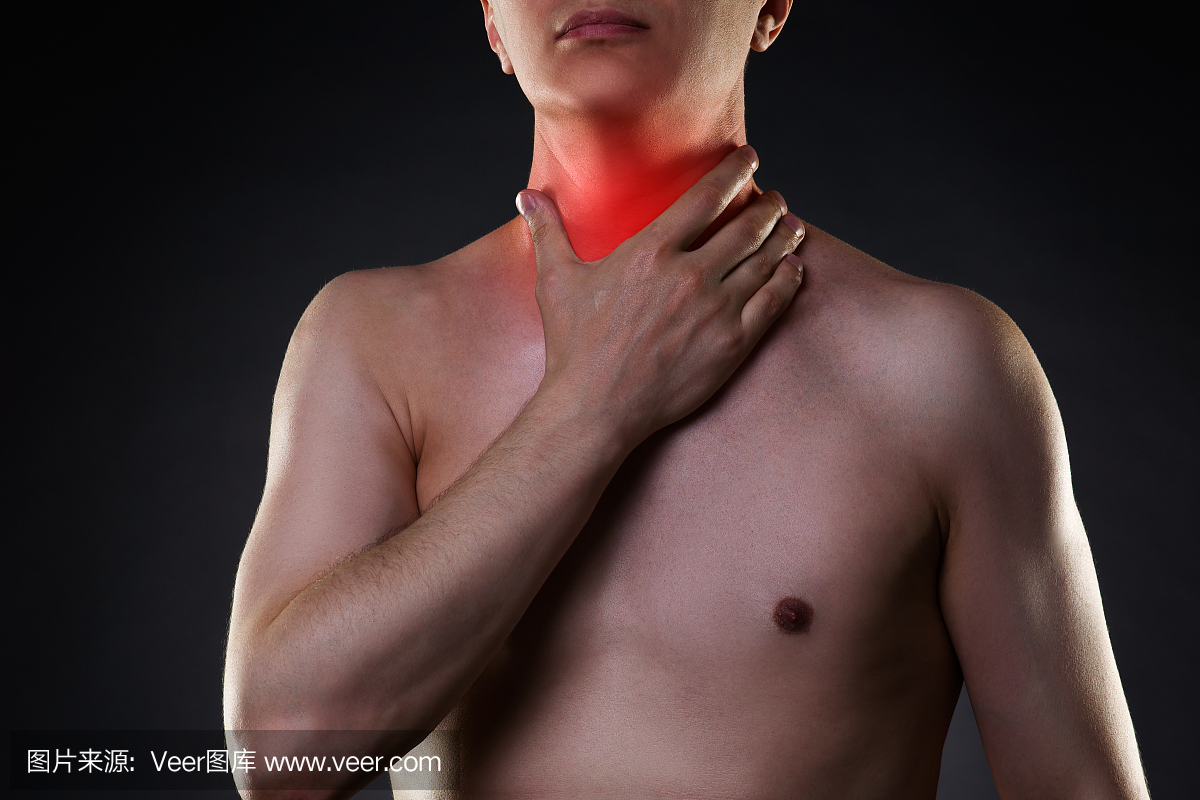 喉咙痛,男性颈部疼痛,黑色背景