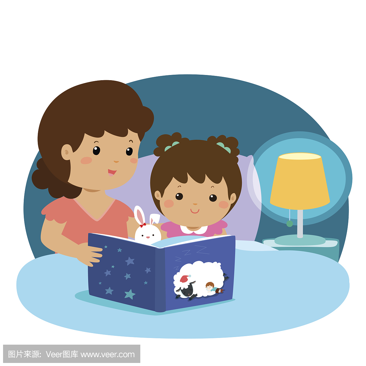 矢量插画的母亲读一个睡前故事给她的女儿。