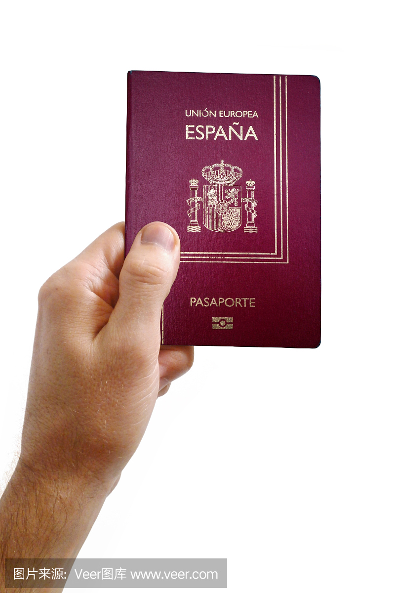 拿着西班牙护照的手反对白色背景
