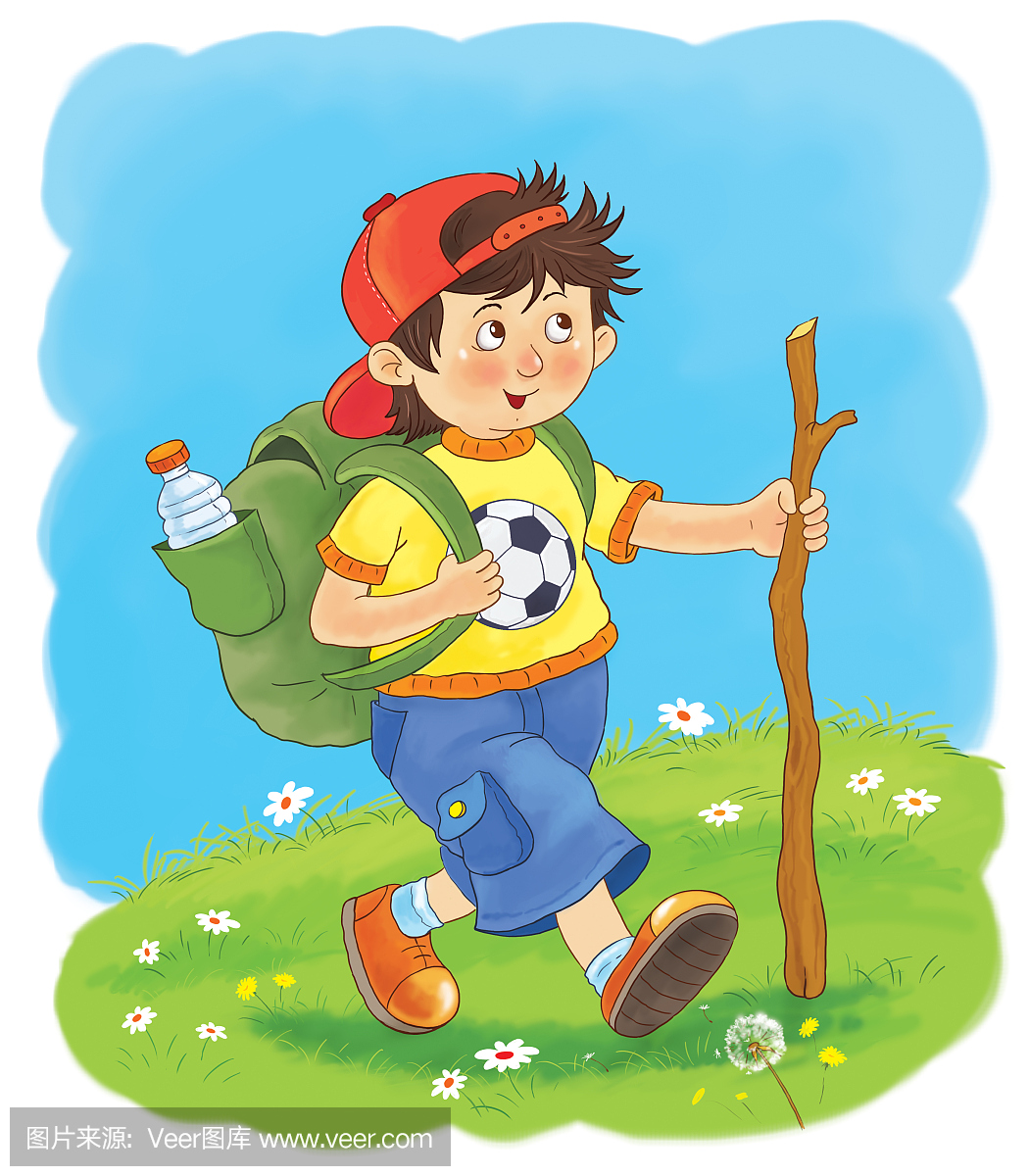 一个快乐可爱的男孩爬山徒步旅行。插图为孩子