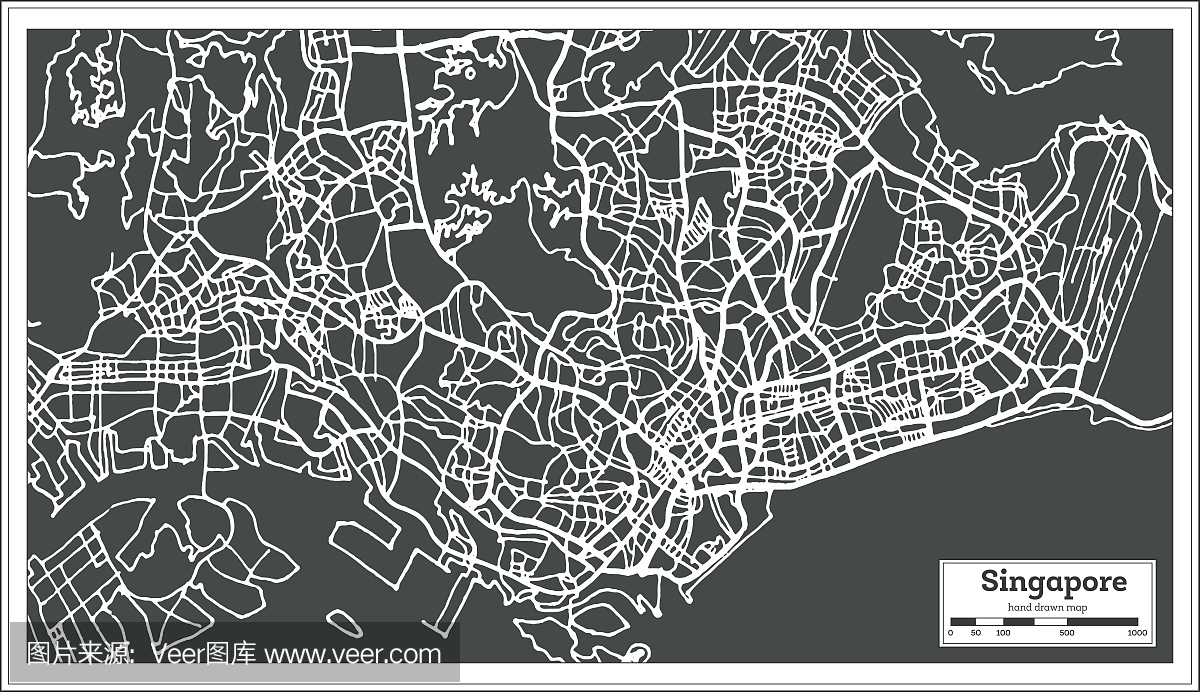 新加坡城市地图在复古风格。大纲地图。