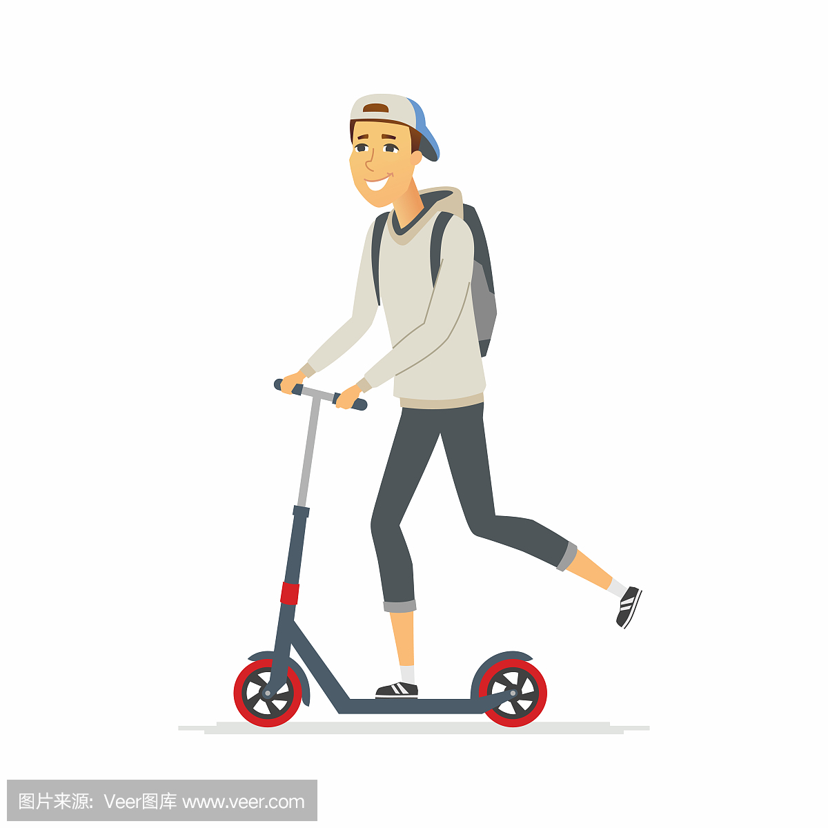 男孩骑踢滑板车 - 卡通人物字符孤立的插图