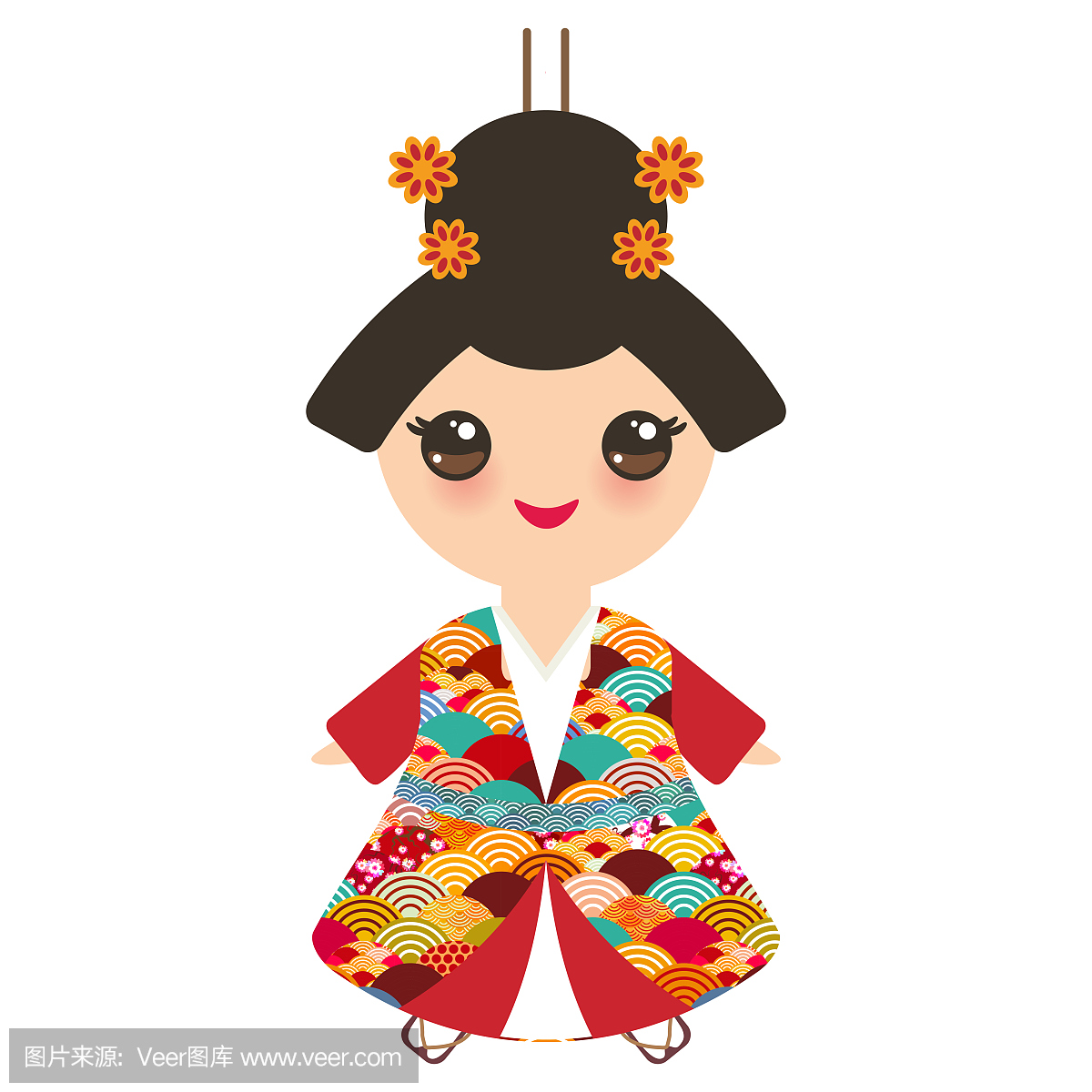 日本女孩穿着民族服装。和服,传统服饰的卡通