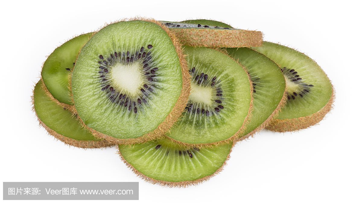 堆切片的猕猴桃与棕色的皮肤。模糊猕猴桃。美