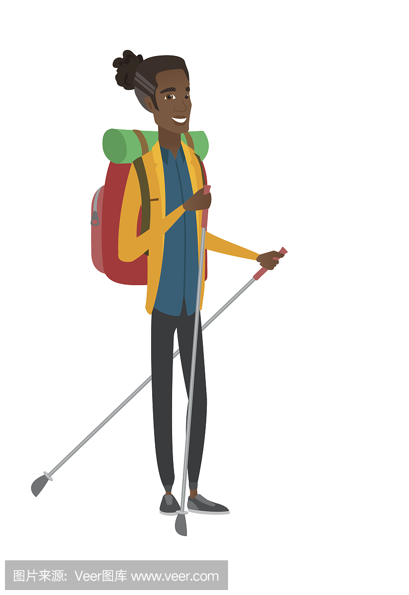 Young african hiker walking with trekking sticks