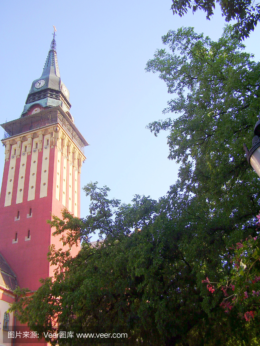 市政厅在Subotica镇,塞尔维亚,东欧,塔与时钟