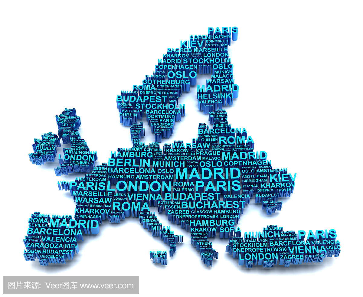 欧洲地图由主要城市名称组成
