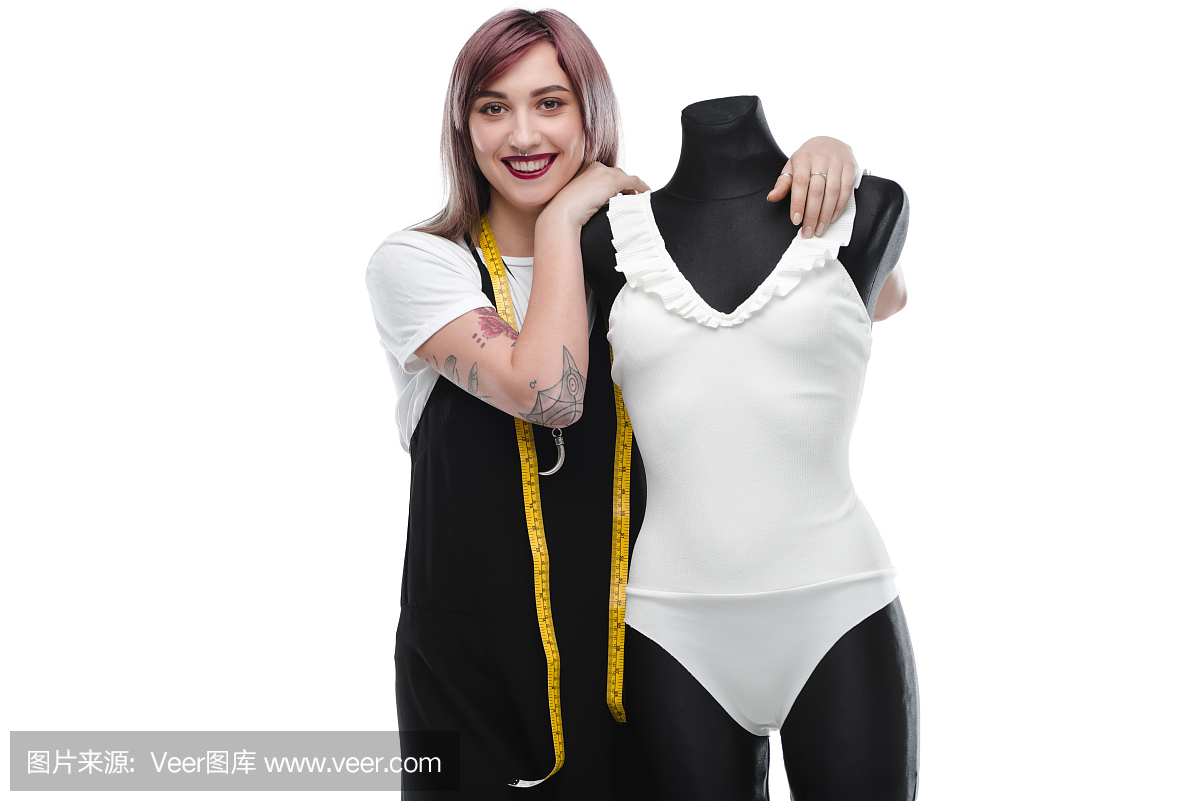 有吸引力的v时尚时尚设计师与时尚的美女紧身衣柯南名中侦探白色图片