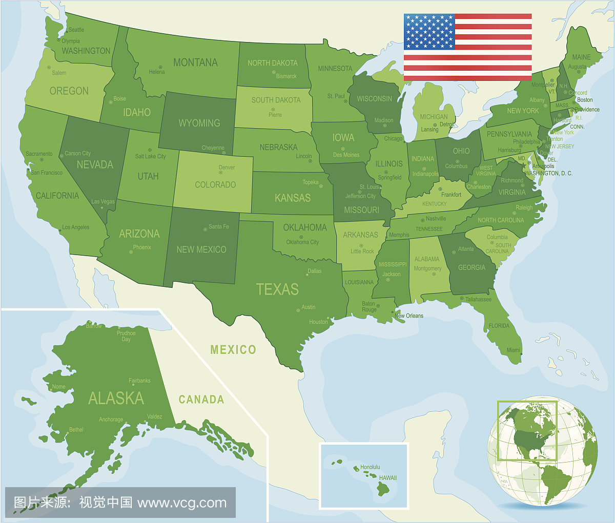 美国地图绿色 - 州,城市,国旗