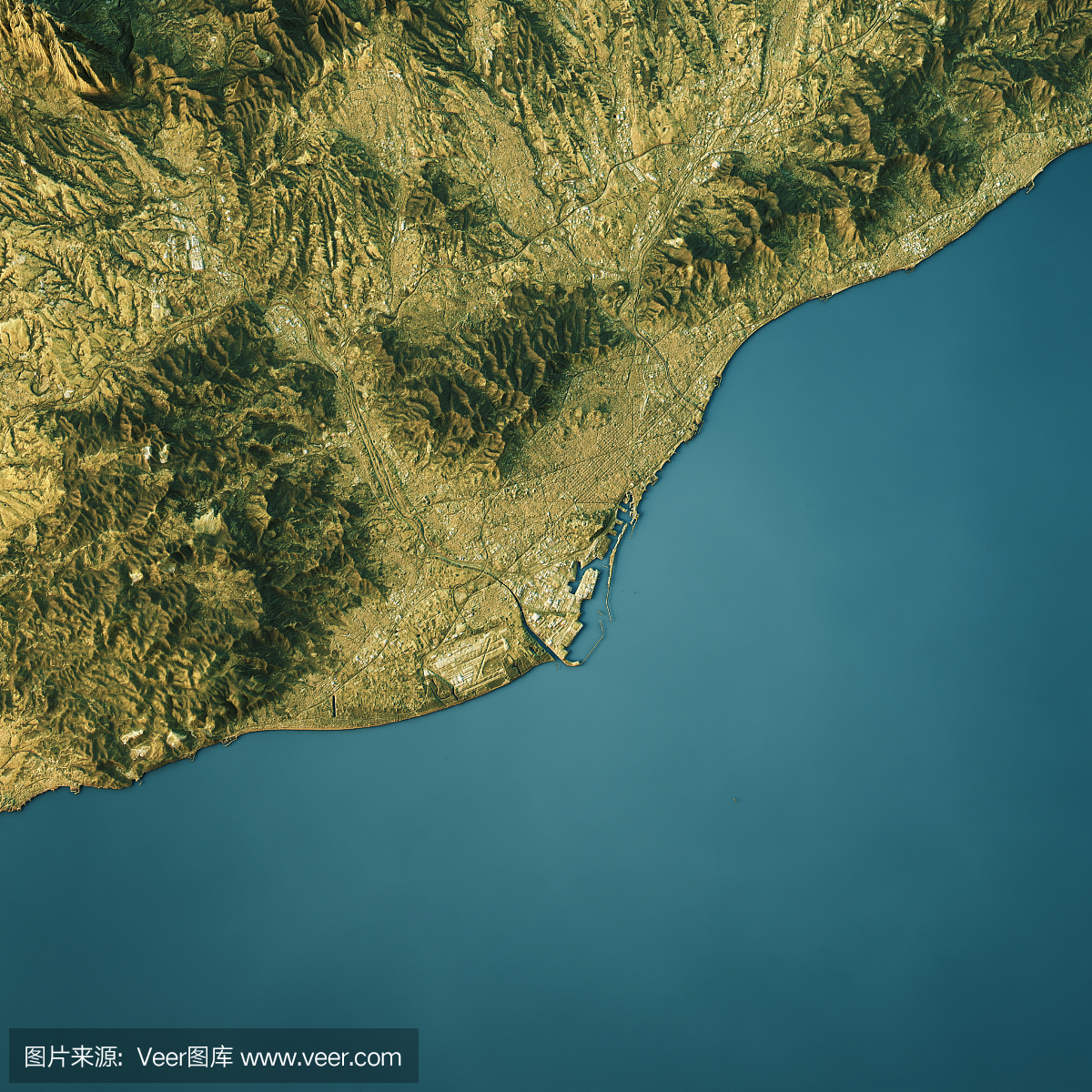 巴塞罗那地形图自然色顶视图