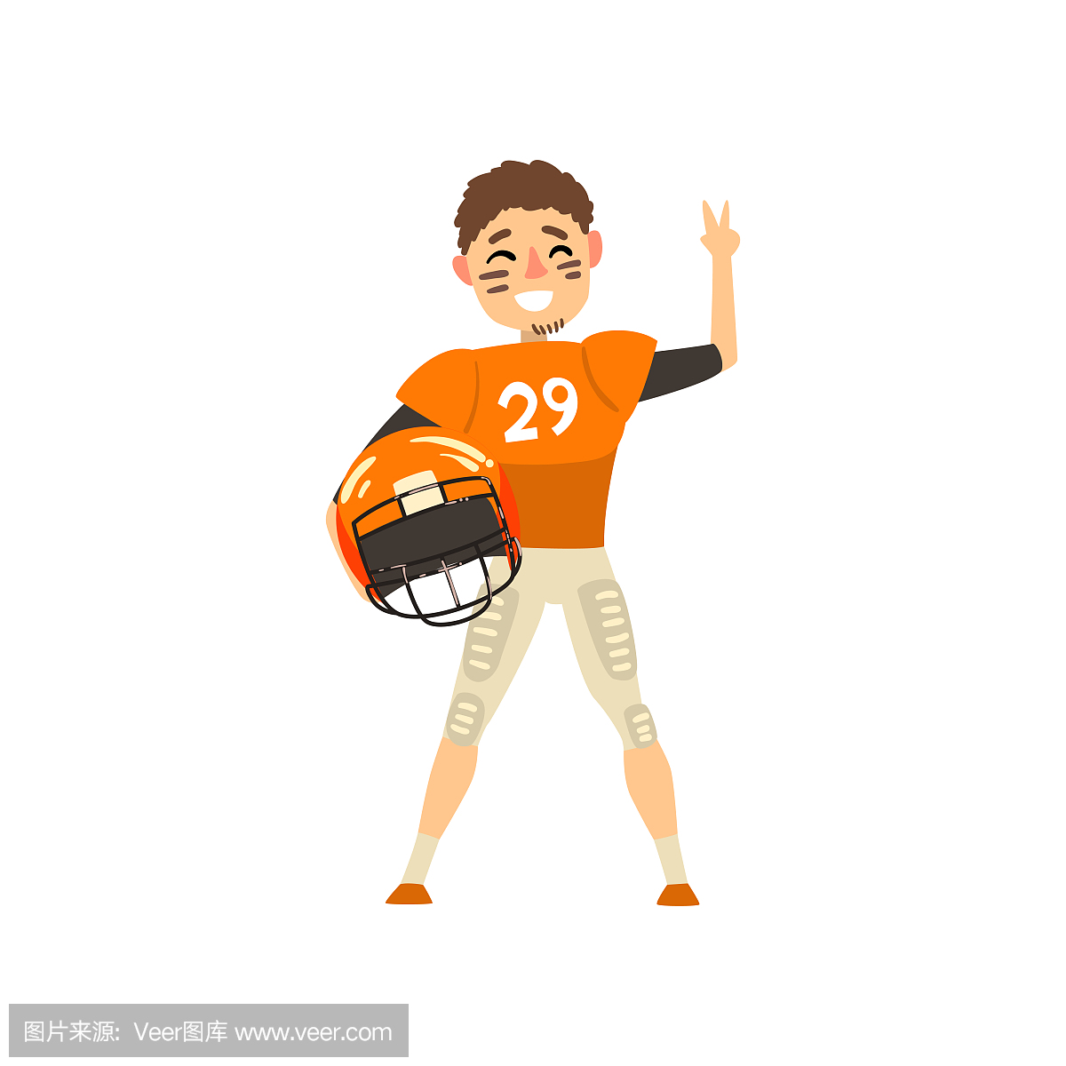 微笑美国足球运动员穿统一控股头盔和显示胜利