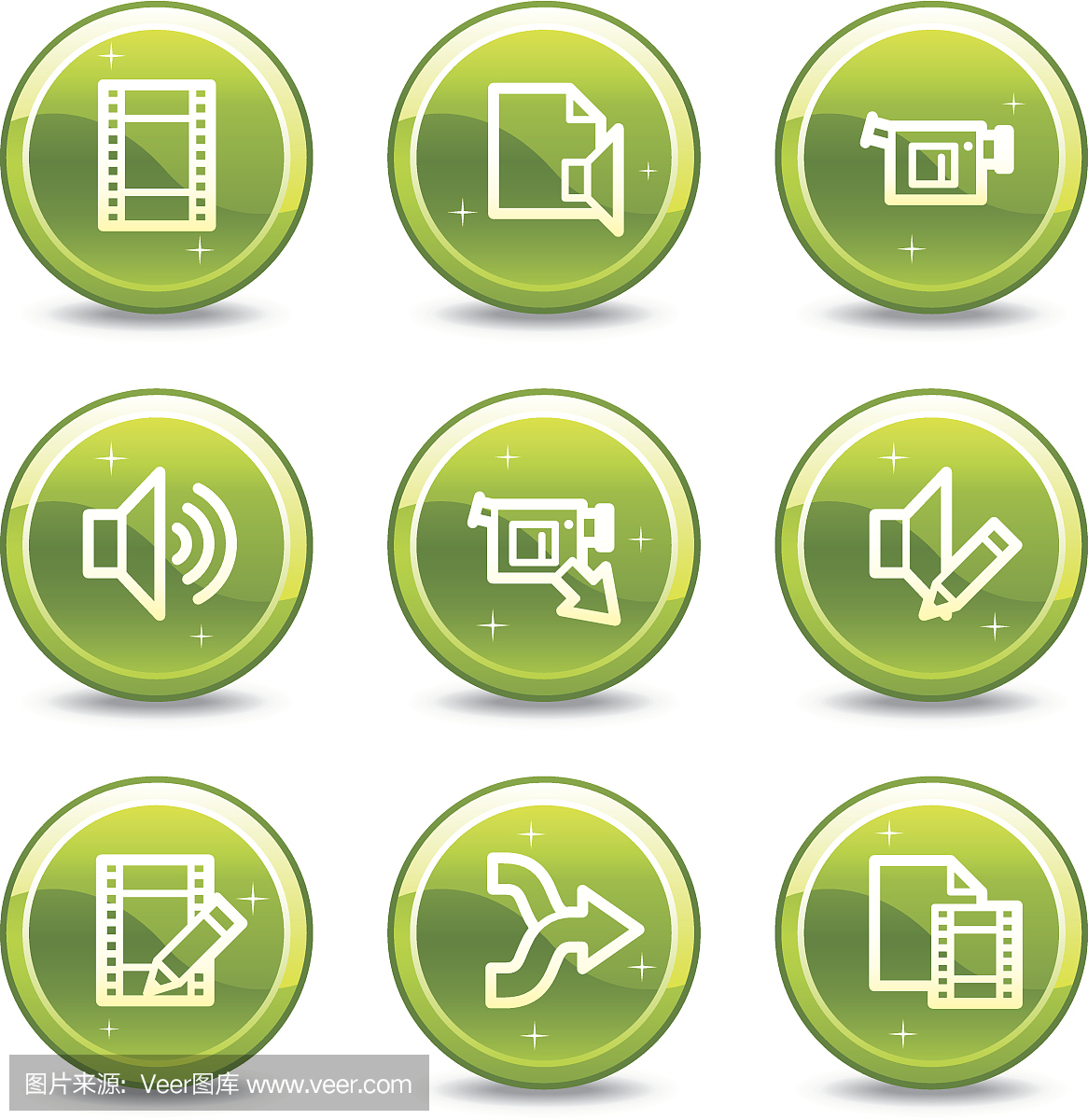 音频视频编辑网页图标,绿色光泽圆圈按钮系列