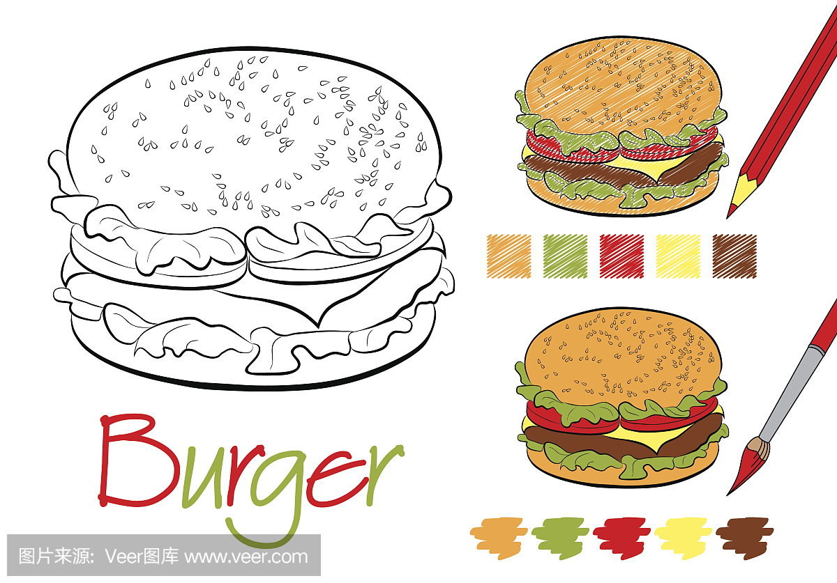 简笔画汉堡的画法 简笔画教程之汉堡包的涂色画 肉丁儿童网