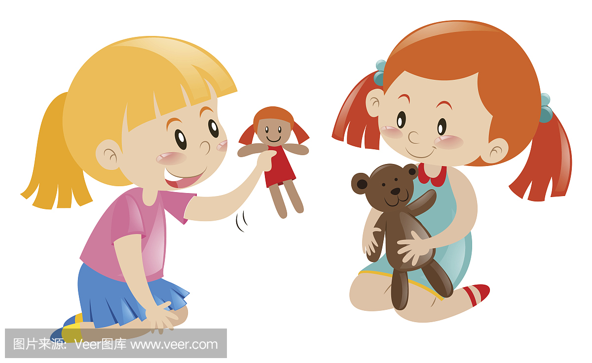两个女孩玩娃娃和玩具熊