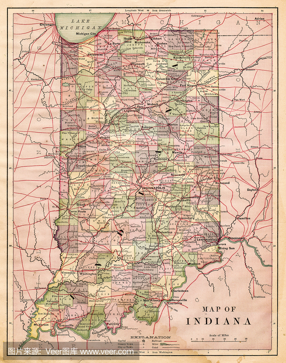 美国印第安纳州地图1881年