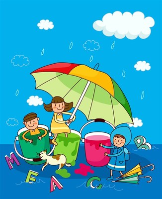 下雨天里玩耍的可爱卡通儿童 - 素材公社 tooop-110kb