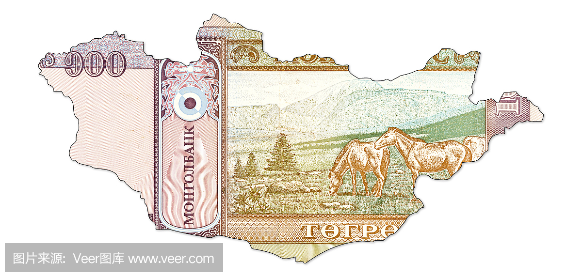 蒙古形状的蒙古币100蒙古钞票