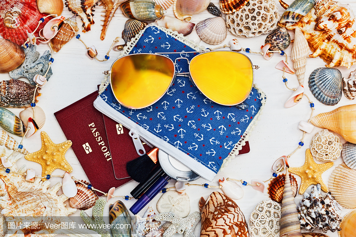 化妆包,太阳眼镜和护照被数十个海贝包围