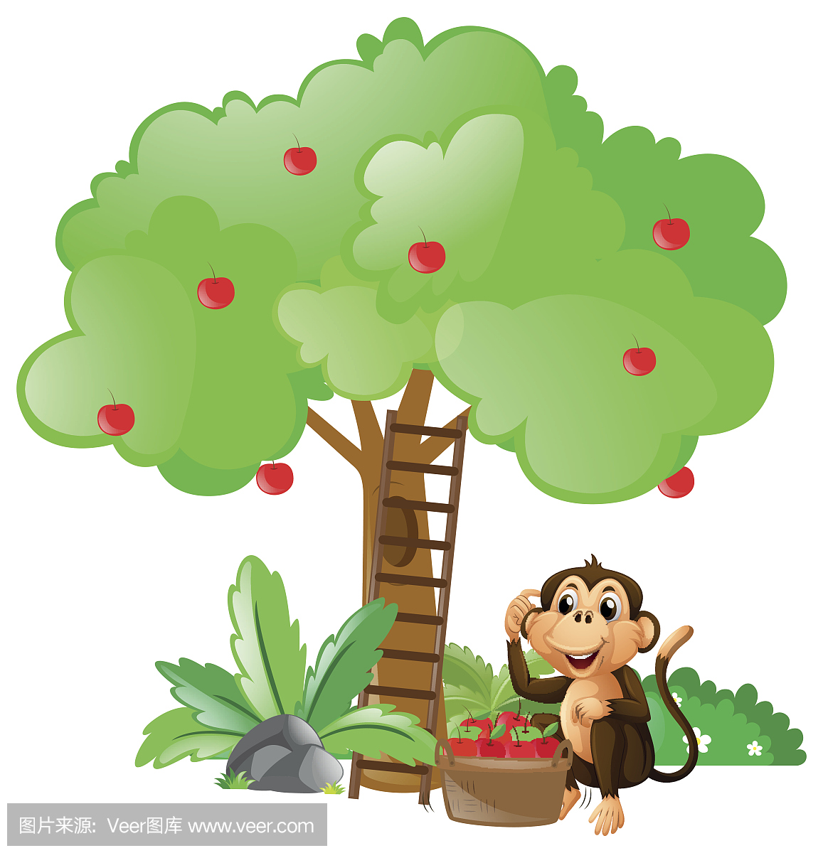 Little monkey sitting under apple tree