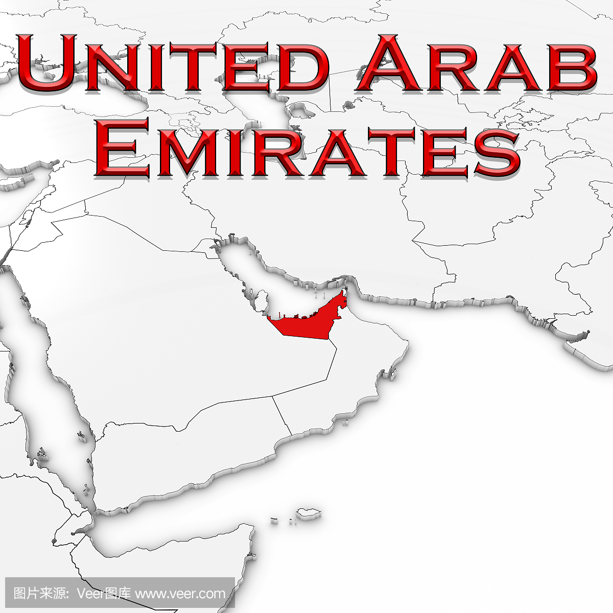 阿联酋的3D地图与国家名称突出显示在白色背