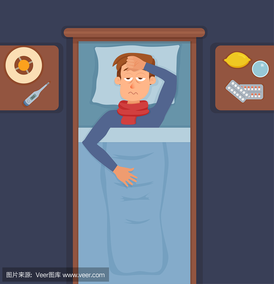 生病的人在床上感冒,流感的症状。卡通矢量字