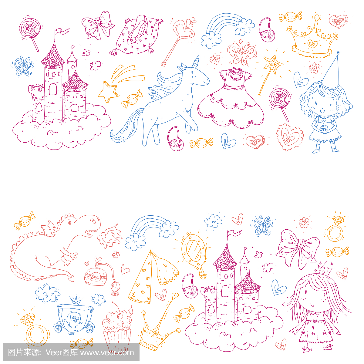 可爱的公主图标设置与独角兽,龙女孩壁纸婴儿