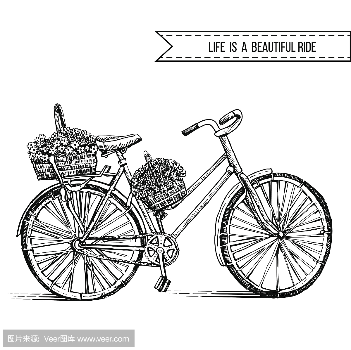 自行车手绘矢量素描,墨水插图老自行车与孤立