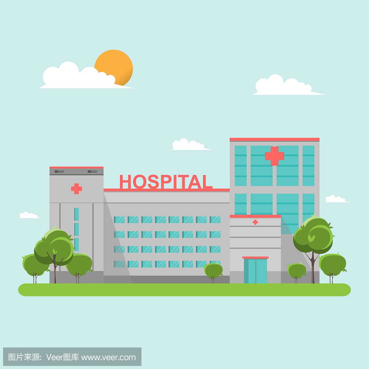 Hospital building flat style on blue sky