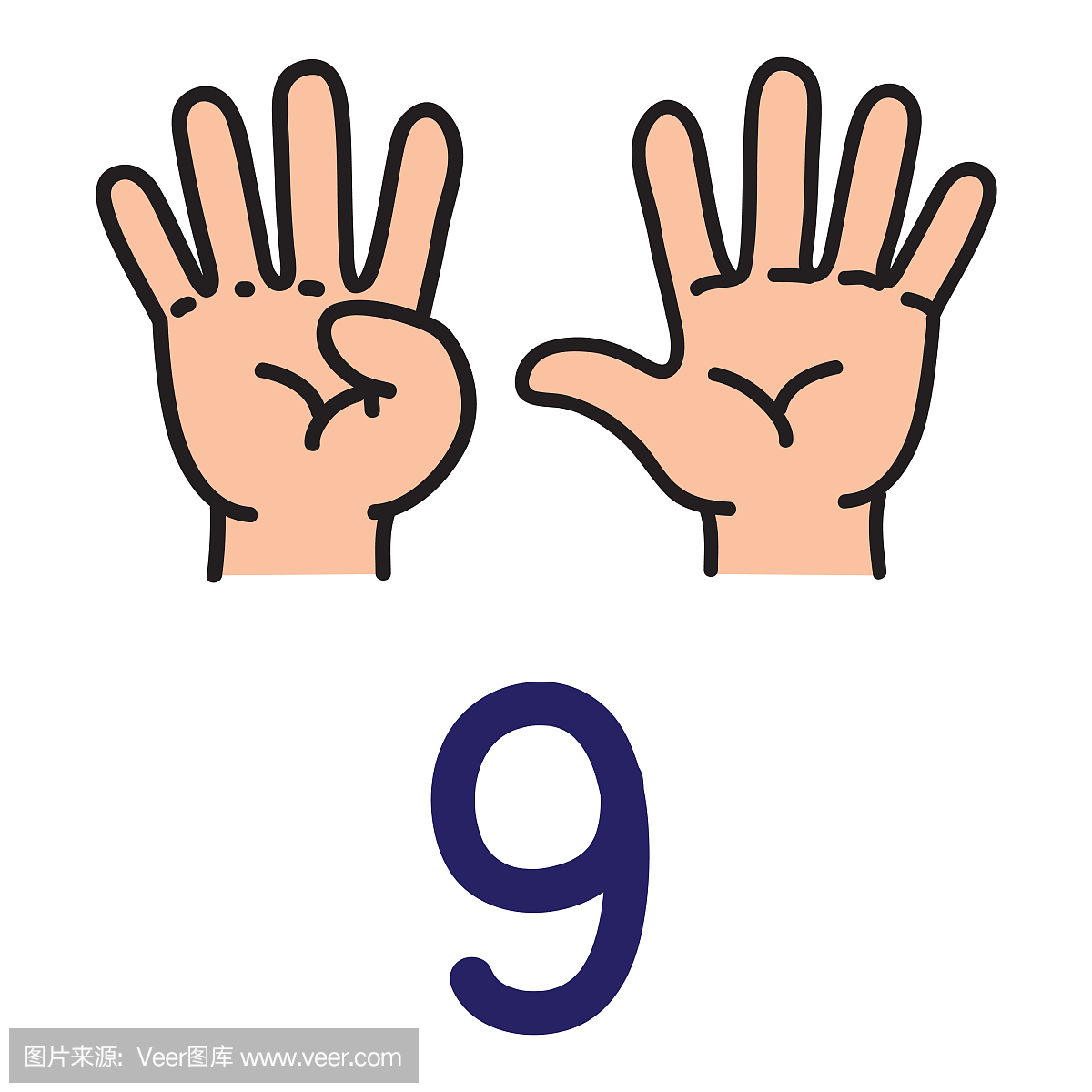 显示数字九手标志的孩子的手。