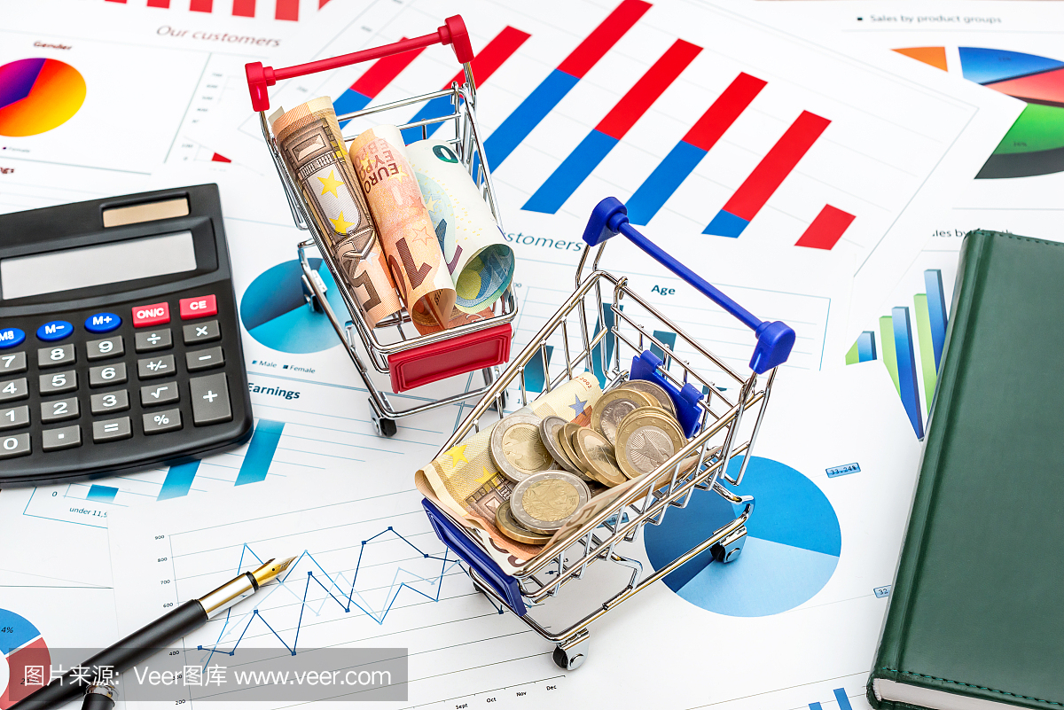 购物车与金钱,计算器和记事本上的财务图表。