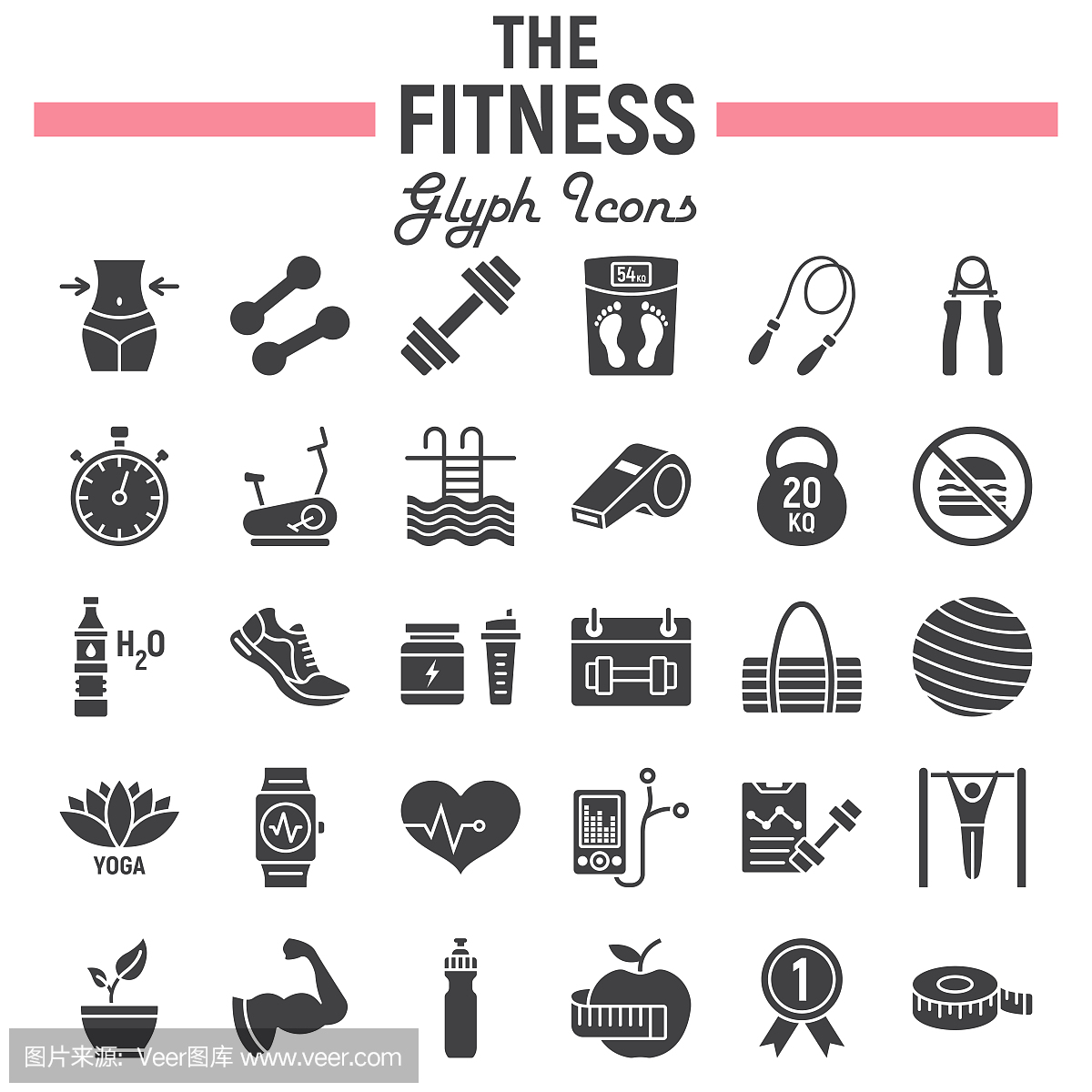 健身标志符号图标集,运动符号集合,矢量剪影,徽